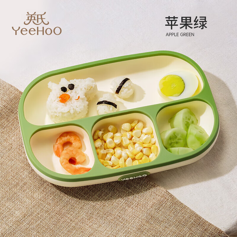 英氏（YEEHOO）宝宝餐盘儿童硅胶婴儿吸盘式碗 辅食分格餐盘一体式吃饭餐具 苹果绿【三代升级款】加厚全硅胶