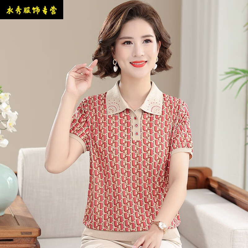 德朔夏天妈妈短袖夏装针织衫中老年女装针织翻领t恤中年妇女冰丝女装