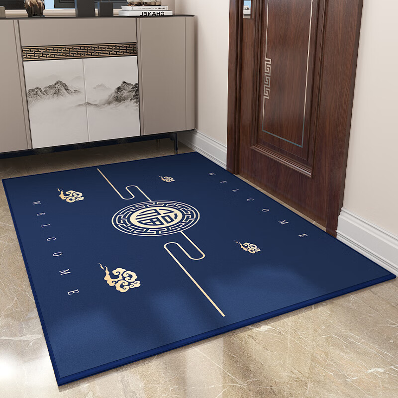 双喜临门（shuangxilinmen） 新中式进门地垫入户门脚垫玄关垫子进户门垫家用客厅 加厚钻石绒进门垫-百福呈祥藏青 80cm*120cm