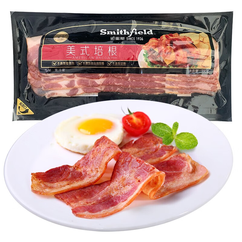 双汇 史蜜斯美式培根原切早餐烧烤手抓饼培根肉180g 180g*5袋
