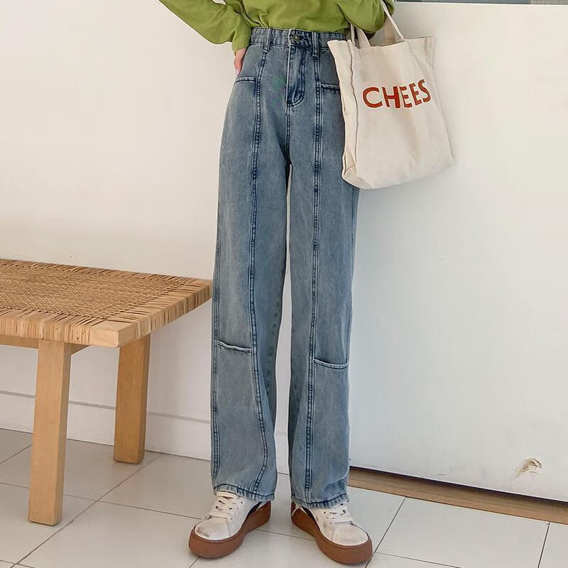 珍妮羊浅蓝色直筒高腰复古牛仔裤女春夏新款宽松阔腿显瘦老爹长裤子