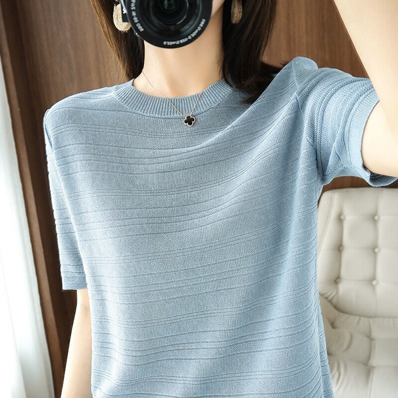 XEHCI冰丝针织短袖t恤女夏季薄款2023新款气质显瘦圆领半袖打底衫上衣 蓝色 #XL(建议120-130斤)
