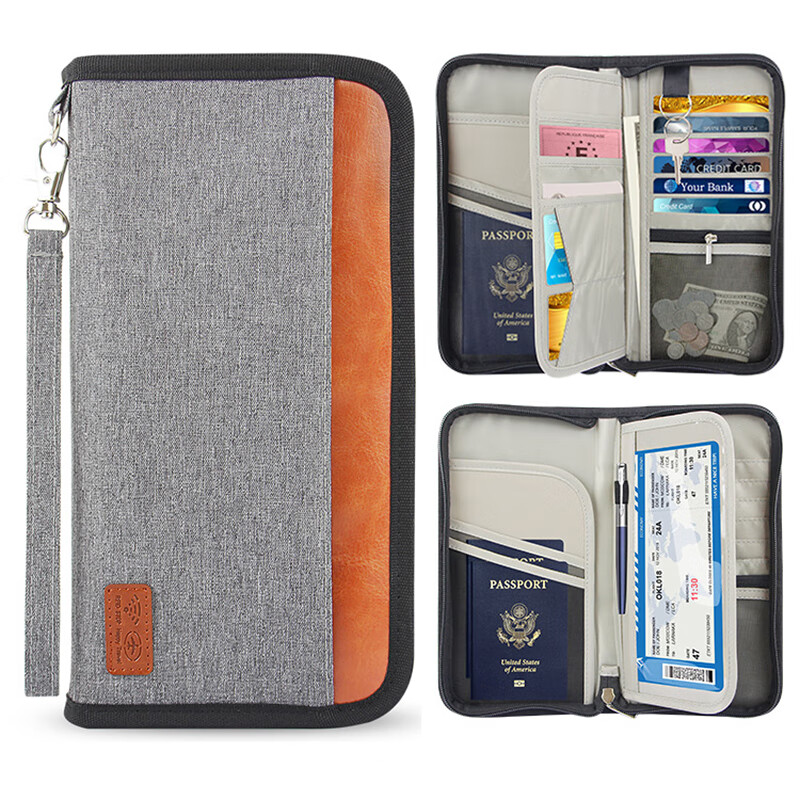 多功能旅行便携护照包RFID旅行护照夹钱包大容量卡包长款拉链包多功能防泼水证件包CuniaC1786 灰色