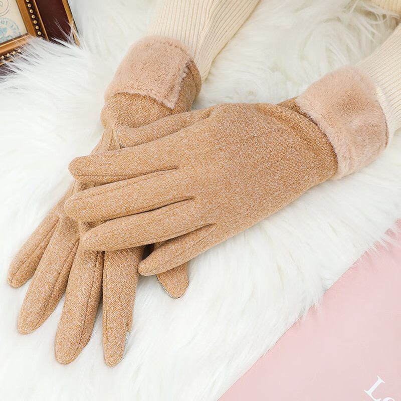 达芬奇密码 冬季保暖可爱女生日系心心兔子加绒分指手套带触屏 竖条 浅驼