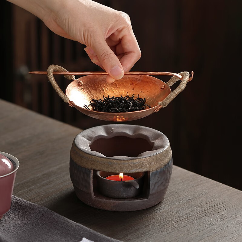 匠之典作蠟燭烤茶焙茶器手工粗陶茶葉醒茶提香器 純銅炒茶鍋套裝+粗陶復(fù)古錘紋爐