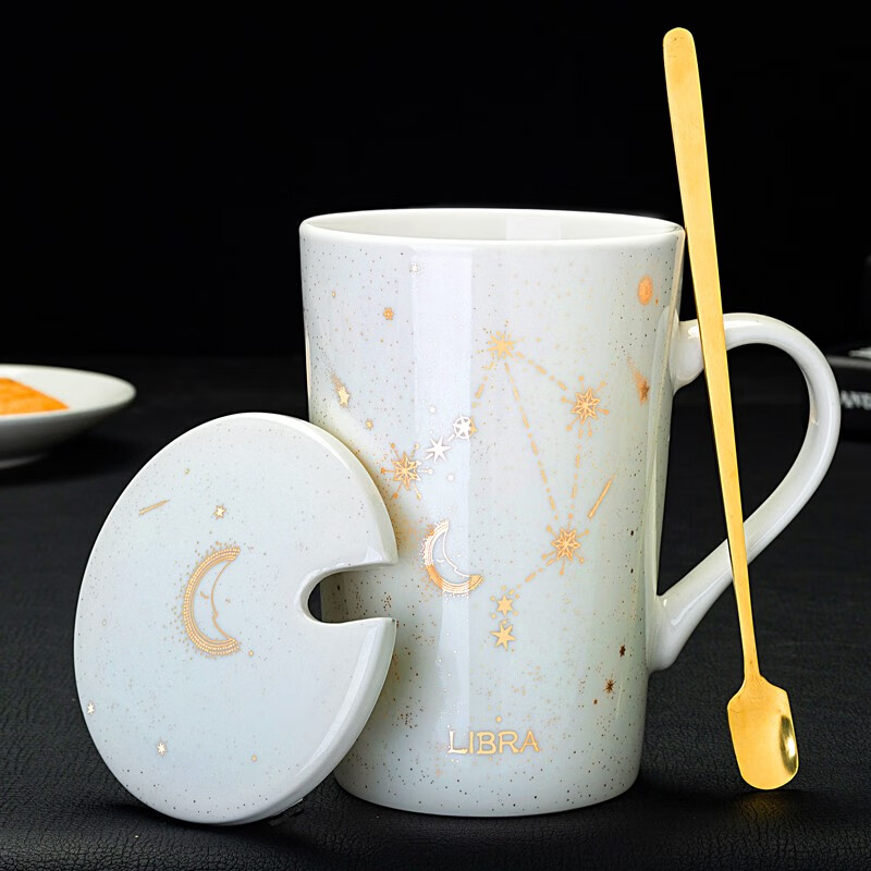 BUDINGCIYI 创意星座陶瓷水杯子个性带盖勺马克杯潮流学生咖啡杯大容量茶杯 天秤座-白