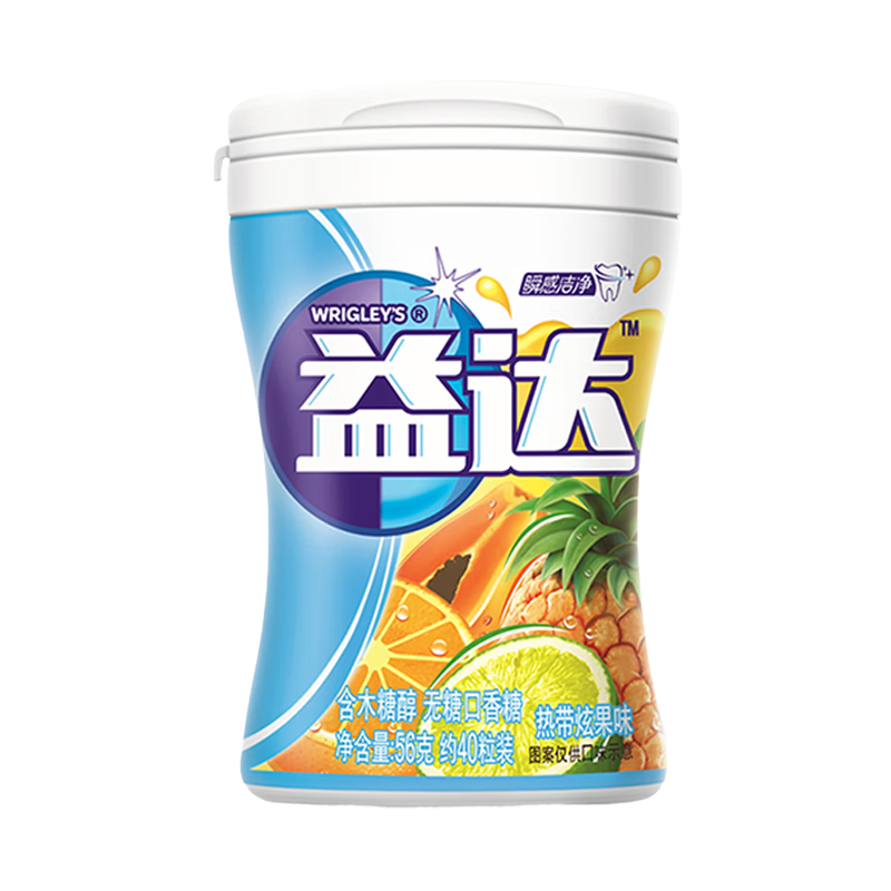 益达口香糖热带炫果味瓶装 56g(约40粒)x2瓶 56gx2瓶 热带炫果味