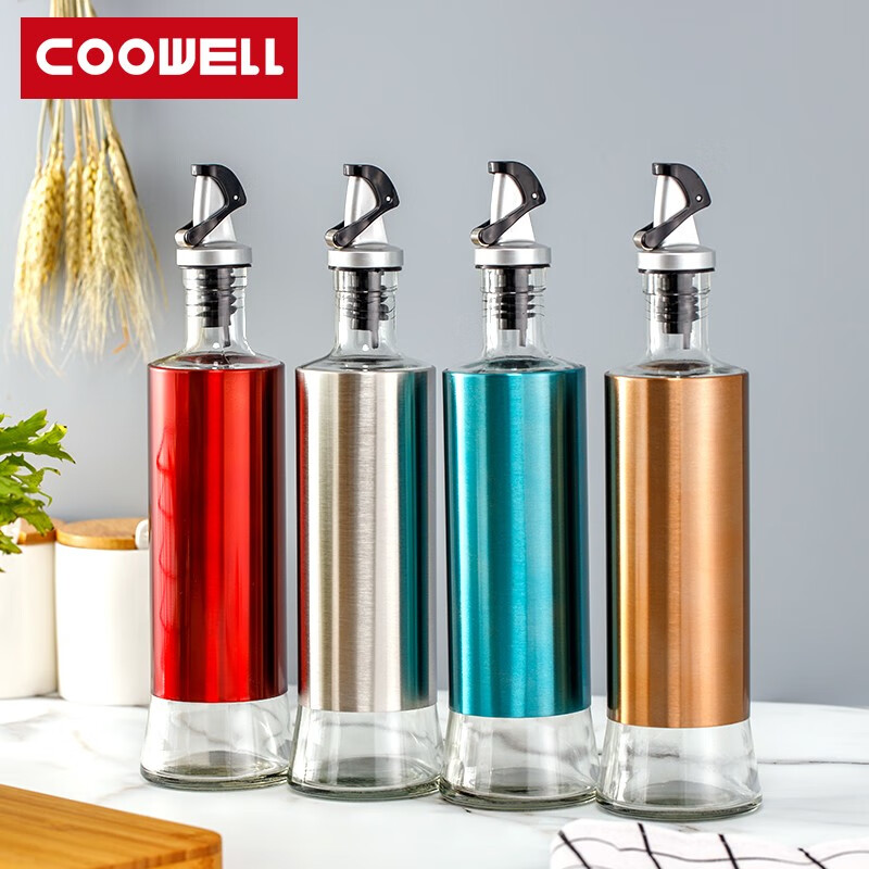 COOWELL 油壶自动开合油醋料酒调料瓶家用厨房油壶 不锈钢外外壳玻璃油瓶 500ML4件套
