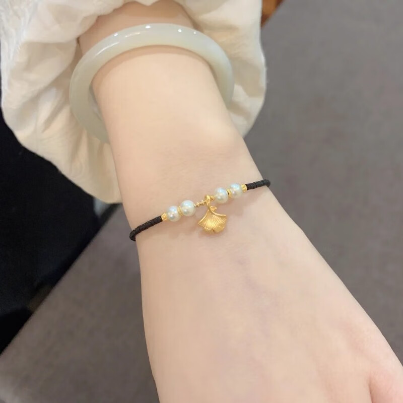 【顺丰速运】易升黄金银杏珍珠手链女999足金转运珠编织黑色琉璃珠