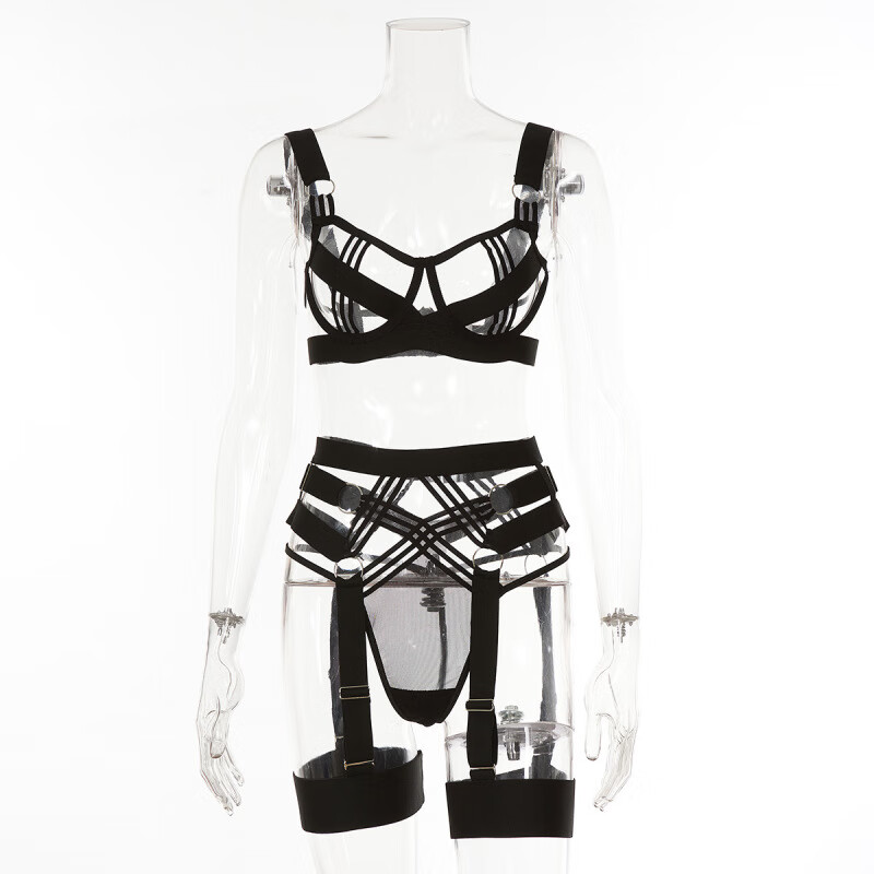 左婷2023欧美夜店复杂工艺镂空绑带拼接吊带袜情趣内衣套装23410 黑色