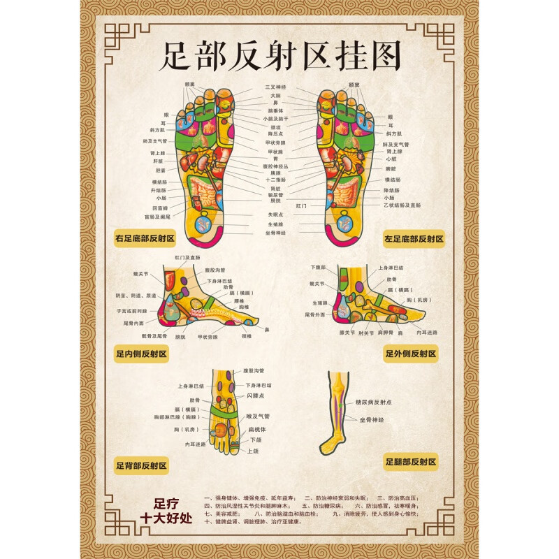 足疗图 足部反射区挂图经络穴位图足底足疗按摩好处图片中医养生海报