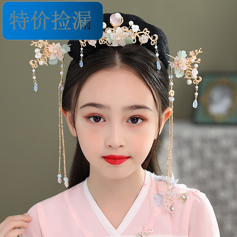 迪士尼小孩子的儿童汉服头饰古风发饰女孩发夹流苏步摇套装中国风宝宝