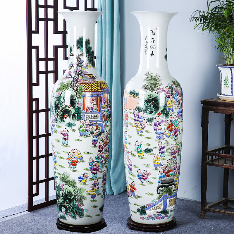 泰禧阁 景德镇陶瓷粉彩手绘百子图童子落地大号花瓶客厅摆件现代中式