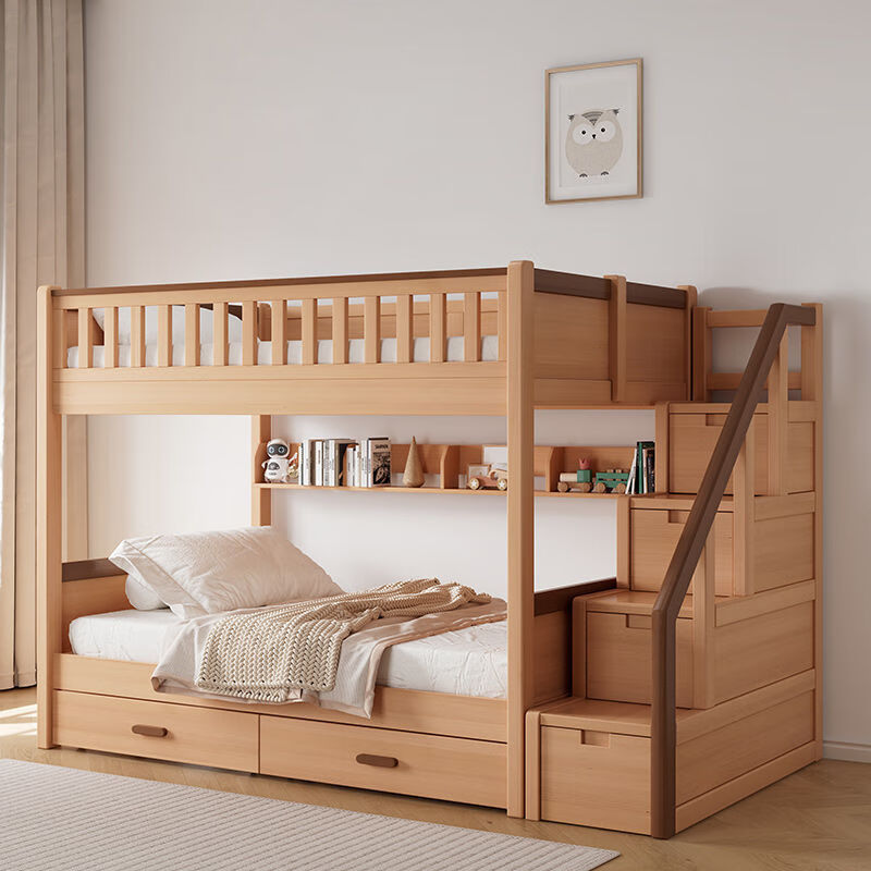 秋佳新款实木上下铺床双层床双人床楼梯爬梯高低床小户型 条纹爬梯款