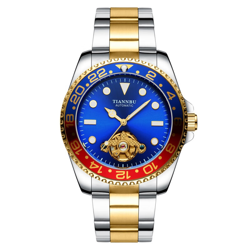 天博手表自动机械表男士防水夜光表 间金红蓝