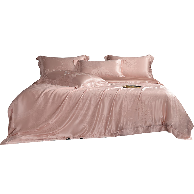 枕水人家 真絲四件套提花19姆米床單被套雙面100%桑蠶絲綢定制床上用品 粉妝娥眉 220X240(CM)