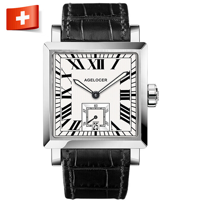 艾戈勒（AGELOCER）瑞士手表 寇德克斯系列男士方形全自动机械手表防水夜光大日历腕表 银壳白盘 3302A1