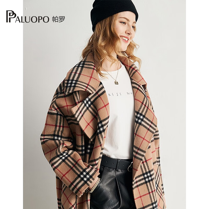 帕罗(PALUOPO)100%绵羊毛呢大衣双面外套格纹显瘦直筒阔版慵懒风女气质秋冬外搭 卡其 L 165/88A