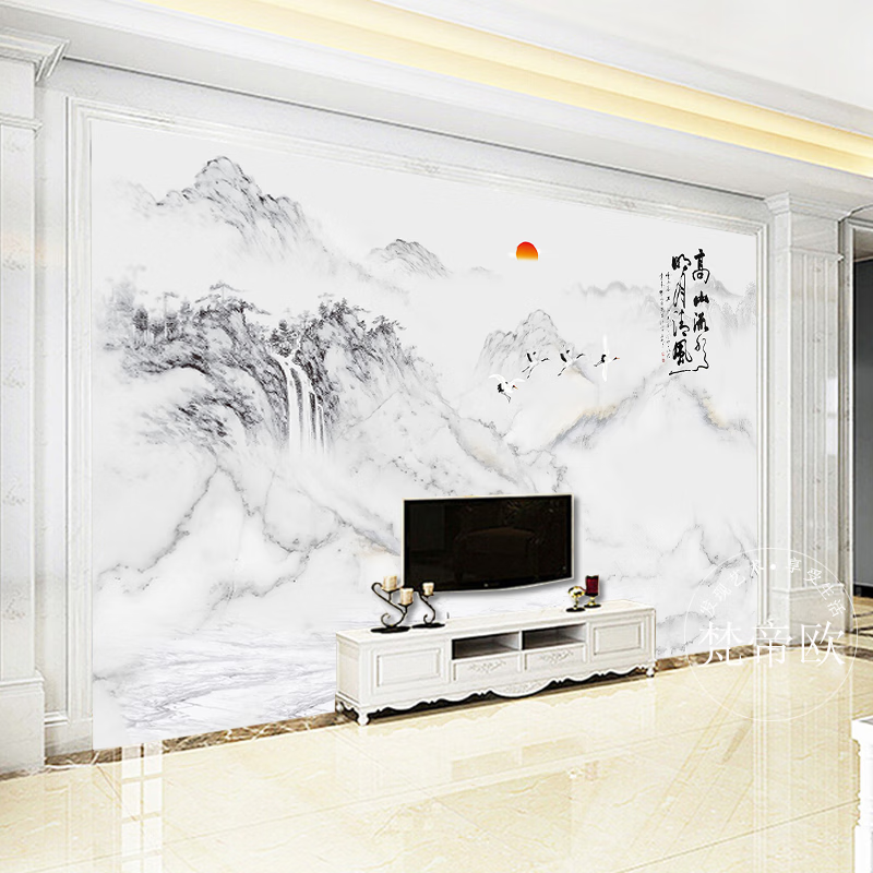 客厅电视背景墙壁画壁纸简约现代防水墙纸大理石纹影视墙新中式山水画
