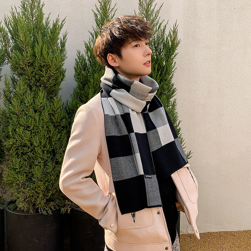 千姿娇媚(qianzijiaomei)围巾男士冬季保暖加厚披肩学生韩版百搭双面