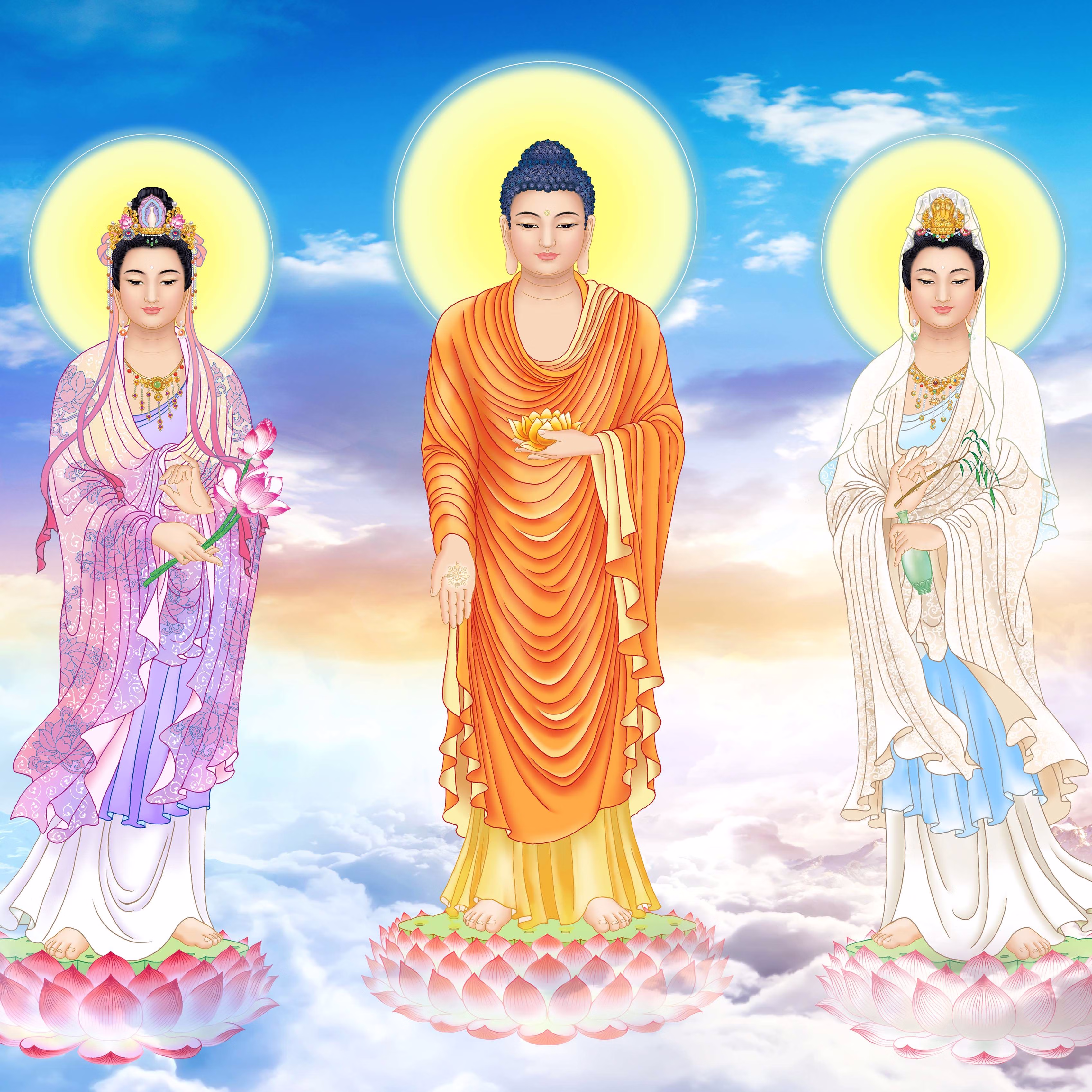 澳颜莱结缘横版高清西方三圣佛画像挂画定制阿弥陀佛观音接引图相纸