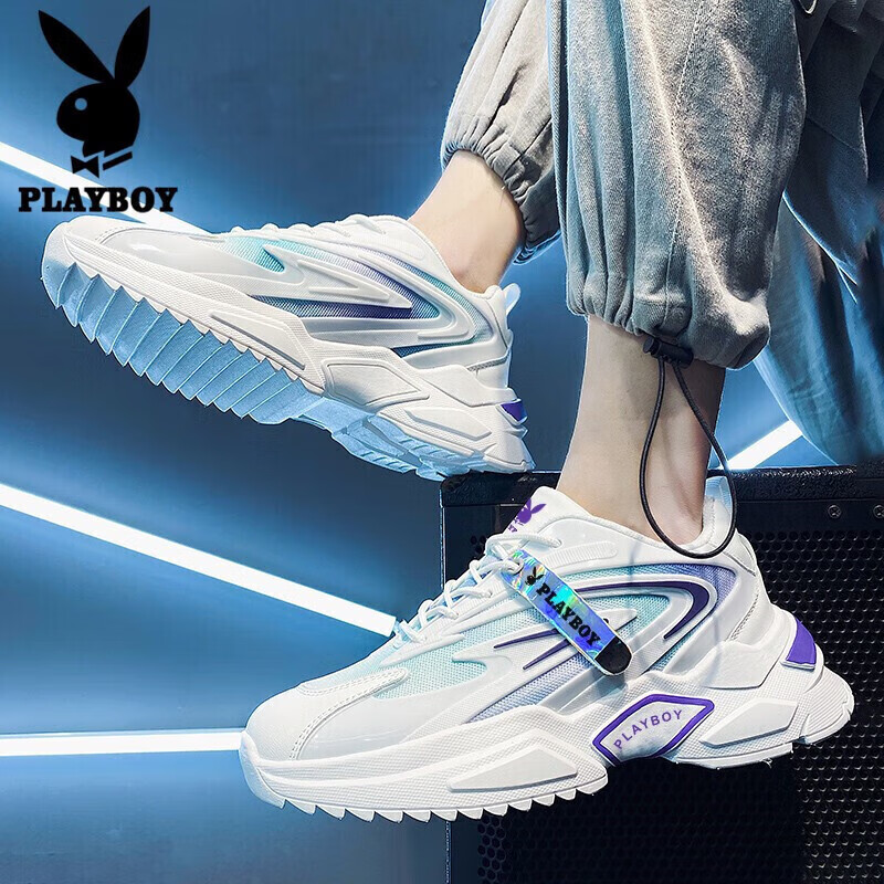 花花公子(PLAYBOY)休闲鞋男鞋2023春季老爹鞋男百搭鞋子男士厚底运动鞋靴 白紫 42