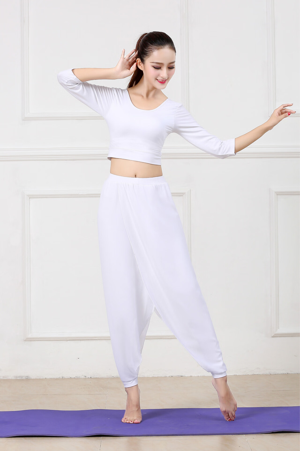 舞韵瑜伽服白套装女显瘦雪纺飘逸演出服中国古典舞服阔腿裤中袖 006