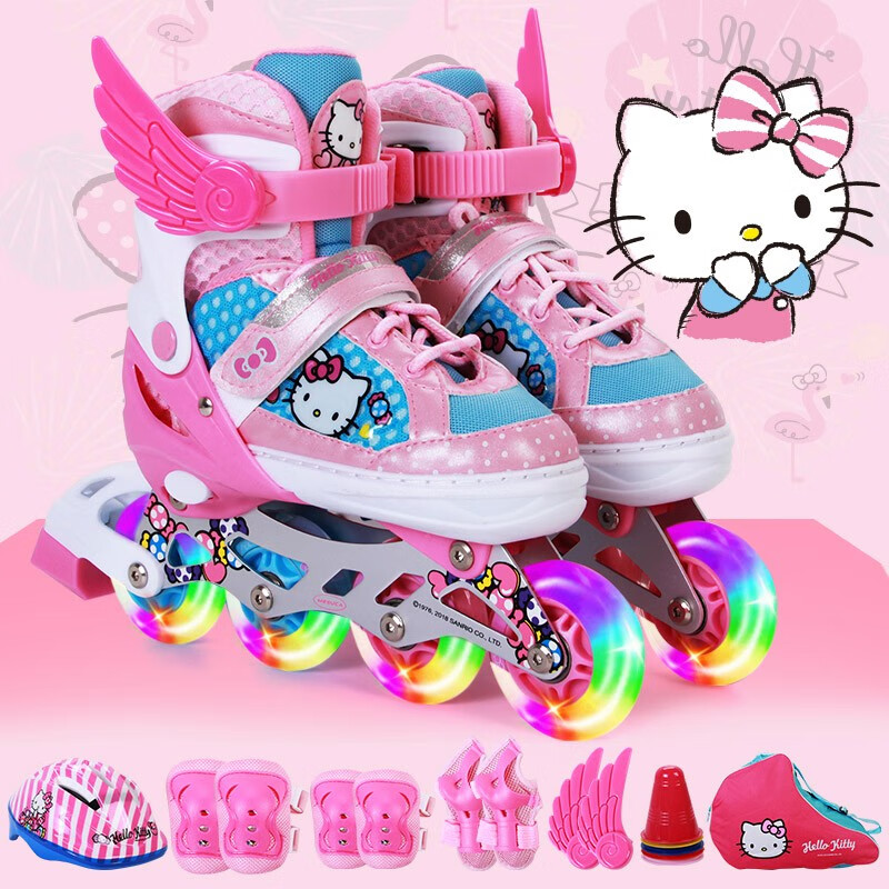凯蒂猫(hellokitty)儿童溜冰鞋全闪光轮滑鞋套装 轮滑包可调旱冰鞋HCB71250-8-1粉色大码