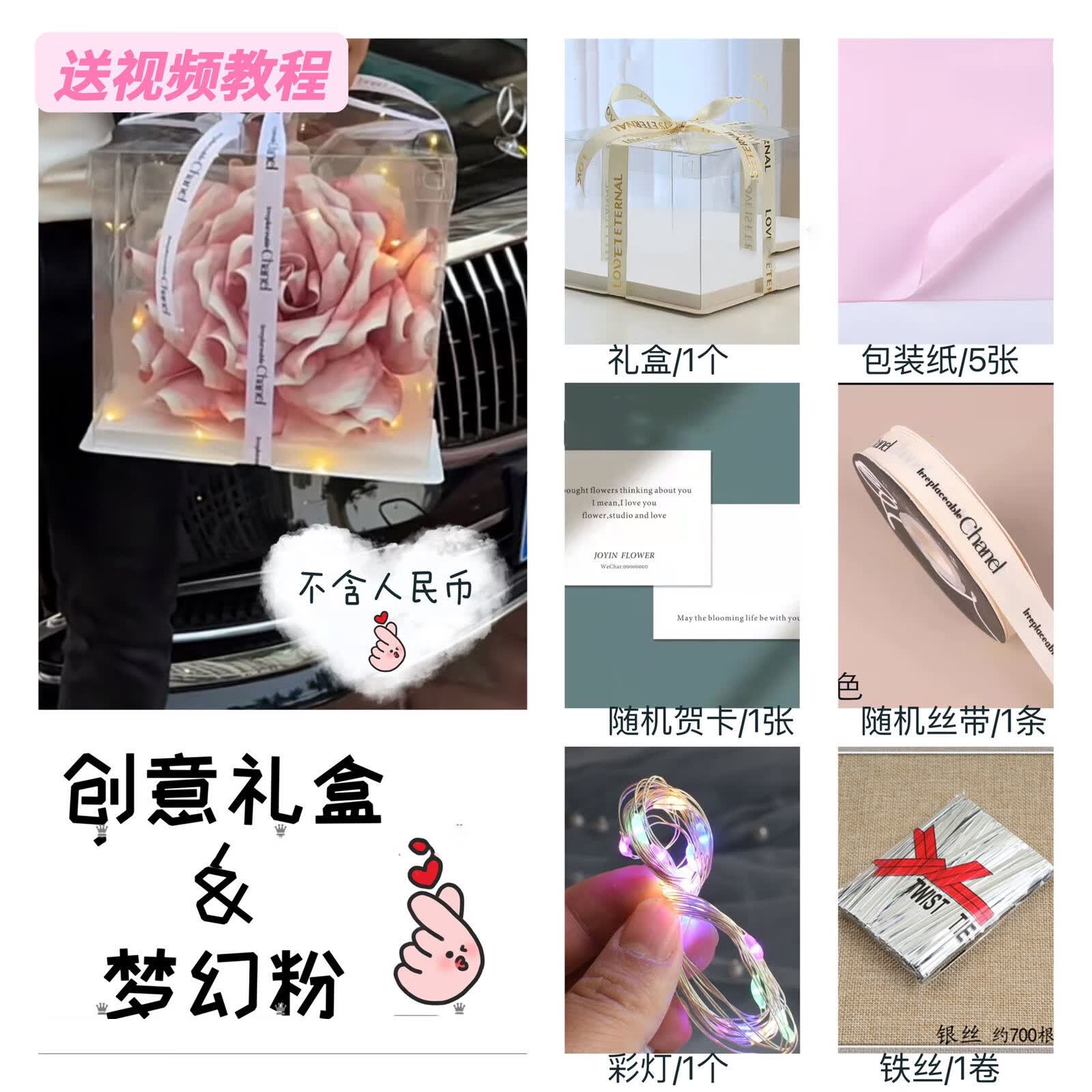 金格羽有钱花花束材料自制有钱花diy材料包透明礼盒用钱做的手提钞的