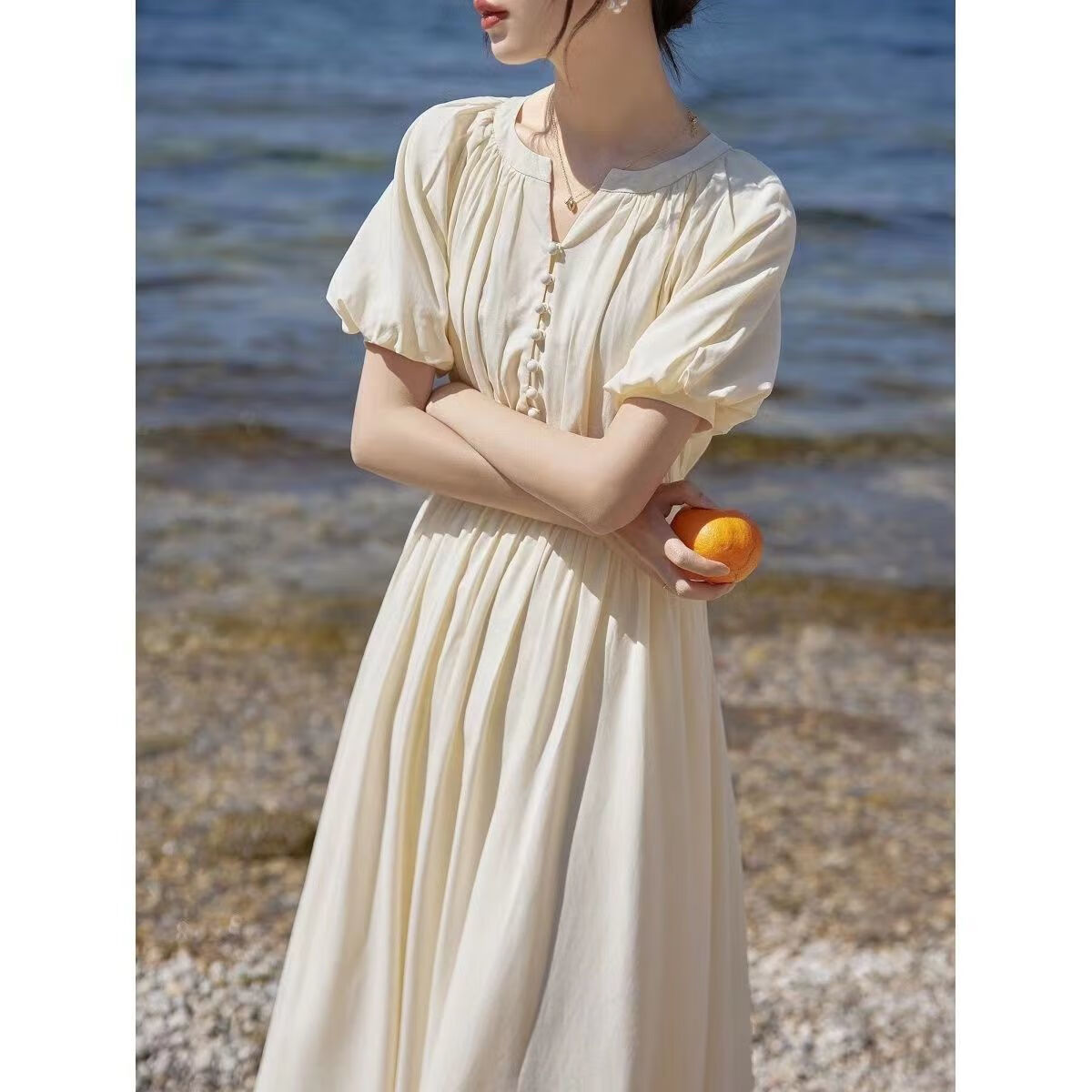 法式初恋复古温柔风长夏季新款气质仙女领收纱网连 杏仁奶油杏 s