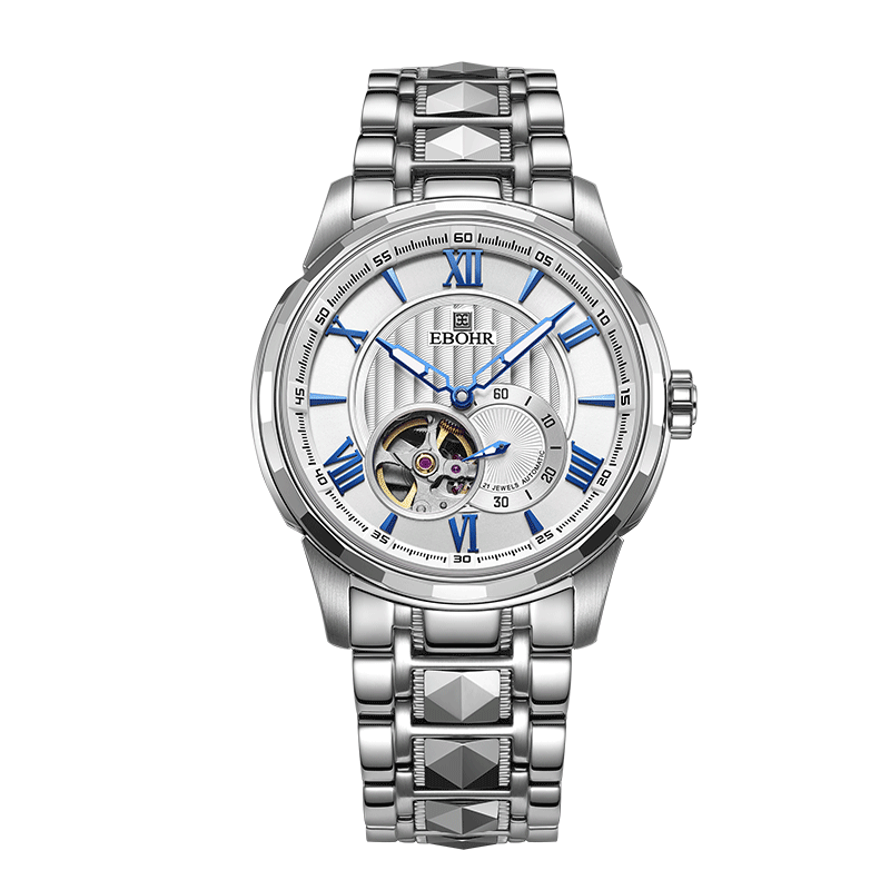 依波（EBOHR）【商場(chǎng)同款】光環(huán)系列男士自動(dòng)機械表耐磨鎢鋼圈鏤空送男友禮物 銀白藍針 鋼帶男表10730119
