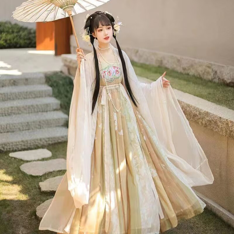 绘自然唐制诃子裙汉服女大袖衫印花学生日常套装春夏 (春有约)浅色 s