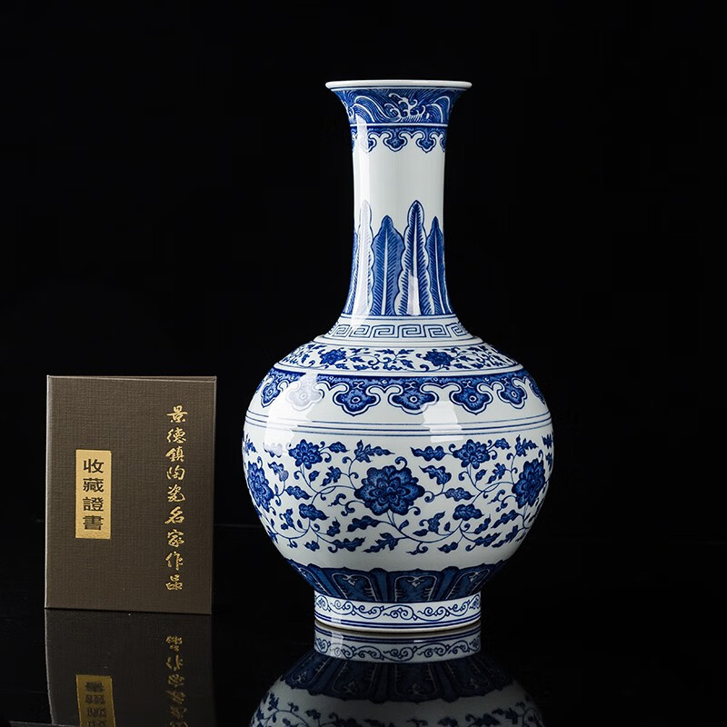 领格景德镇陶瓷器 手绘青花瓷花瓶 新中式手工绘画缠枝莲花瓶 青花