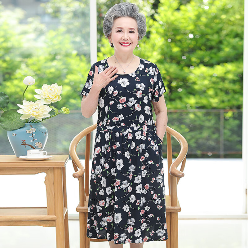 芳草屋夏天老太婆老太太服装奶奶装裙子连衣裙夏季中长款宽松60岁70