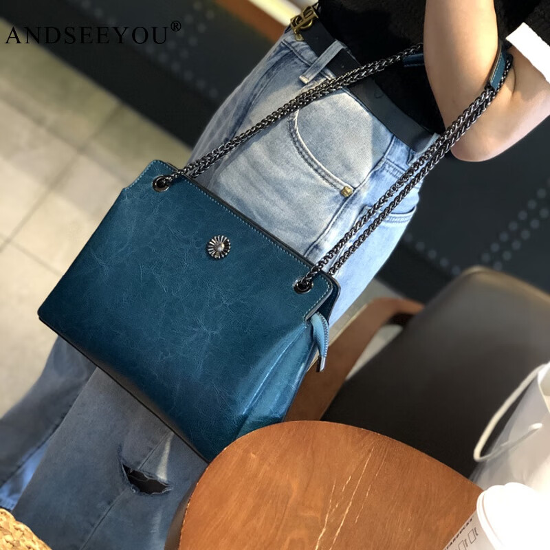 ANDSEEYOU小包包女手提包2025新款潮百搭真皮女腋下包時(shí)尚鏈條單肩包斜挎包 孔雀藍(lán)