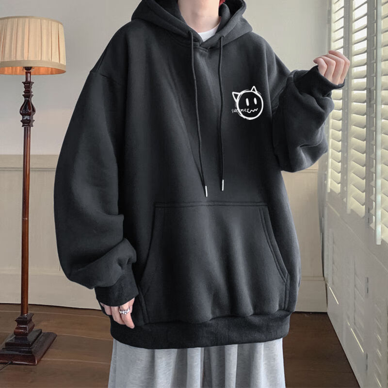 薄款男生宽松连帽外穿卫衣男连帽秋冬季新款潮流oversize 恶魔黑色 加