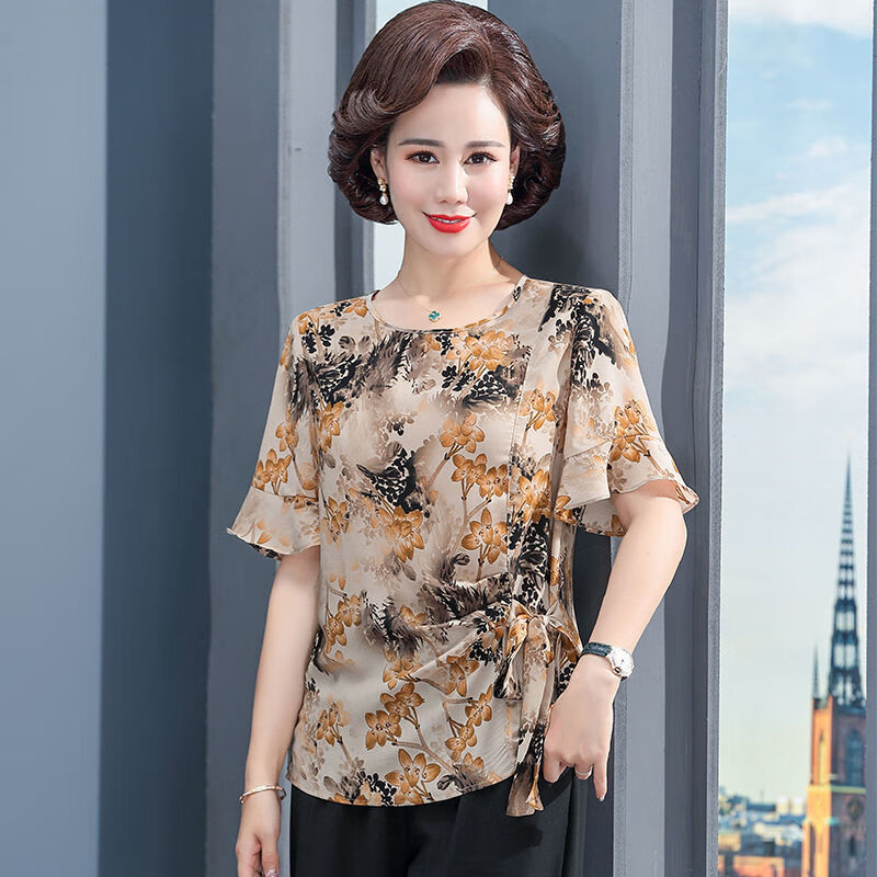 魅无尚妈妈时尚洋气套装四十多岁夏中年装短袖t恤中老年女装新款雪纺