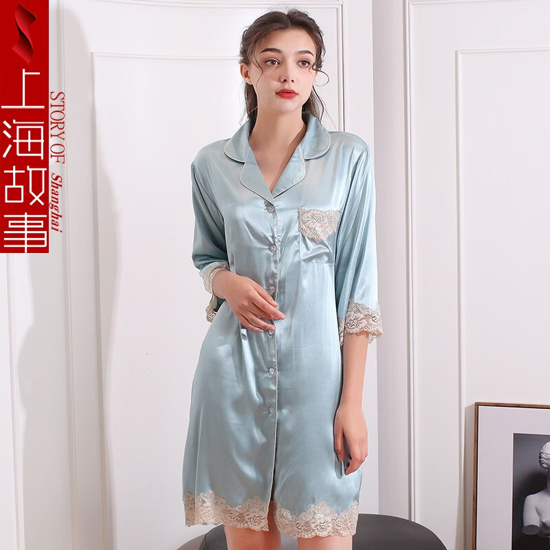 上海故事睡衣女性感蕾丝吊带情趣冰丝睡袍家居服520礼物 水蓝