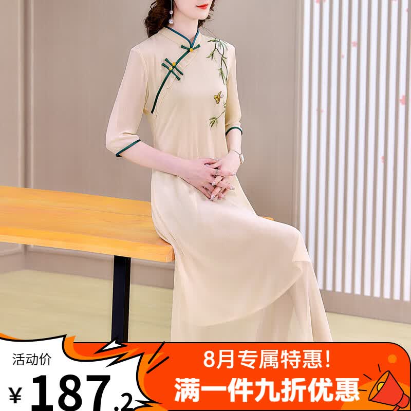 颂伊莎 茶艺师服装女装茶服茶艺师服装春夏禅意文艺中国风女装改良旗袍连衣裙中长款裙子定制款 香槟色 XL属于什么档次？