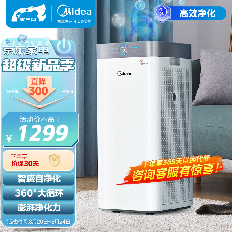 美的Midea空气净化器除甲醛 家用净化器除菌除PM2.5除异味 京东小家智能 极地白 净化器KJ550G-JA32