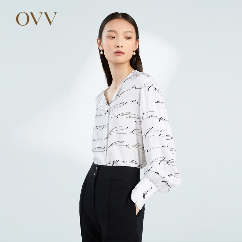 OVV重磅真丝 春夏热卖女装20MM弹力乔其缎印花长袖衬衫 米白花纹05 M
