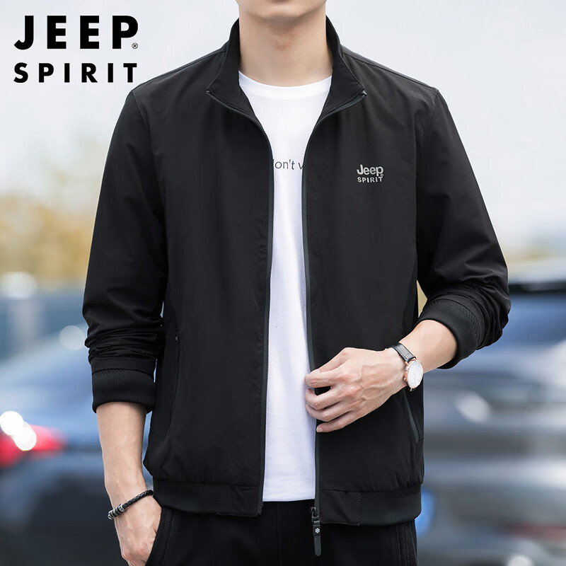 吉普(JEEP)外套男春秋季夹克男立领棒球服男装宽松上衣 黑色 2XL