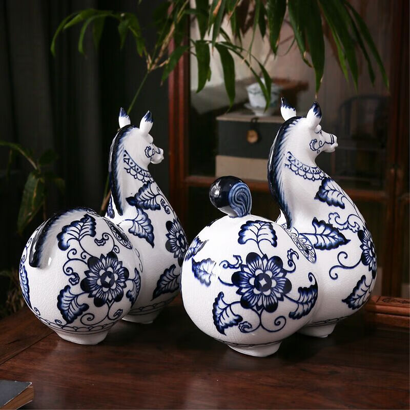 瑾睿茗瓷青花陶瓷马摆件新中式纯工陶瓷马工艺品客厅玄关摆设家居装饰
