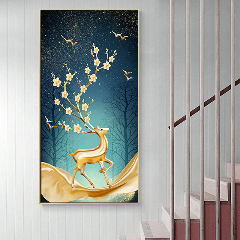 金碧十字绣2021新款手工5d钻石画满钻发财鹿竖版客厅餐厅玄关自己贴点