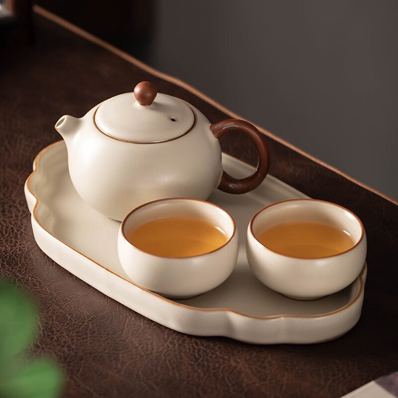 瓷牌茗茶具汝瓷茶具整套家用辦公室泡茶套裝陶瓷蓋碗茶壺茶杯功夫茶具 豆黃汝窯西施壺+兩杯+干泡盤