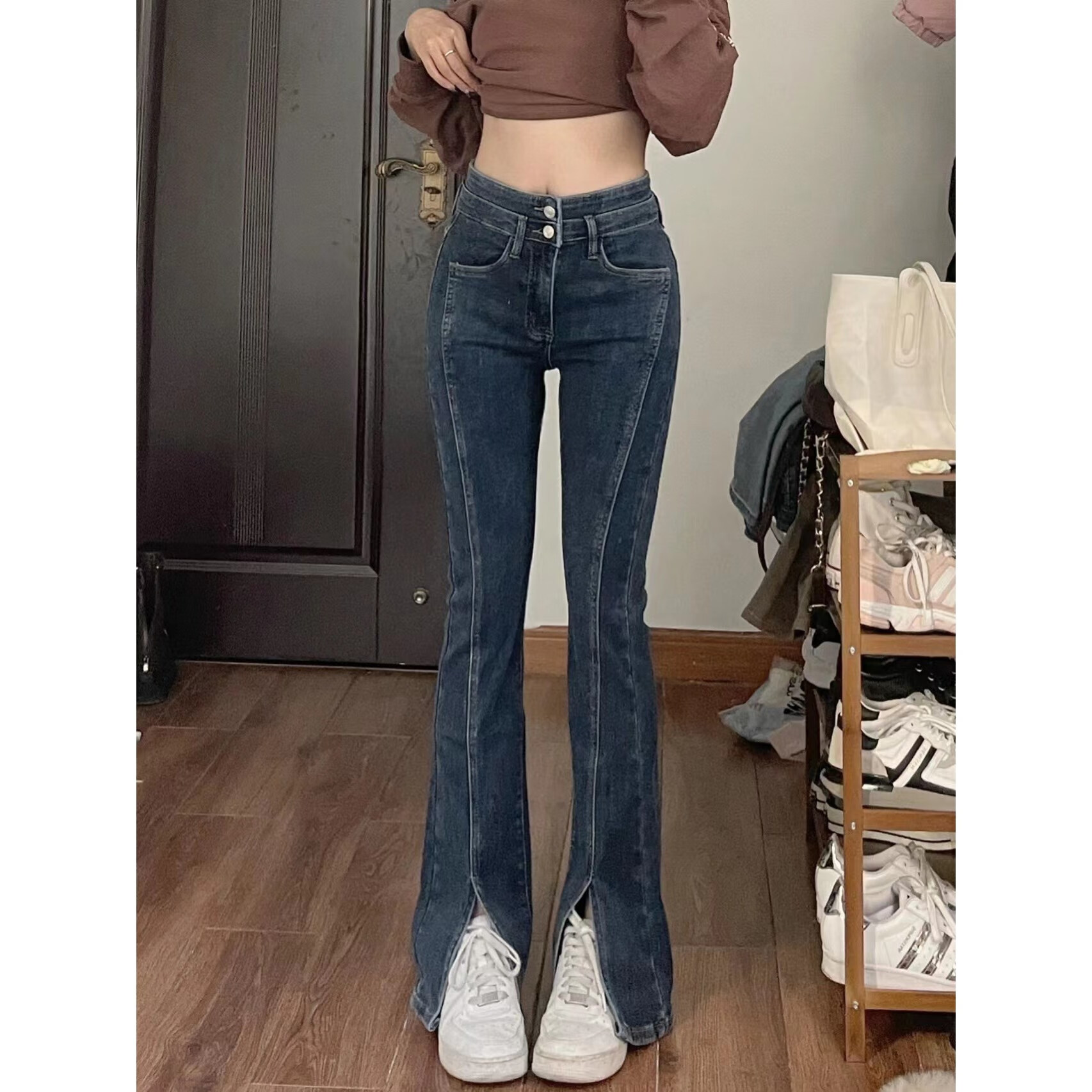 苏语梵大码加长版阔腿裤开叉弹力牛仔裤女梨形胖妹妹高腰加绒微喇阔腿