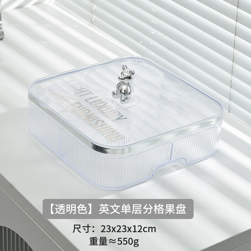 带盖家用客厅茶几零食摆放盘2022新款瓜子 (透明)英文单层分格果盘