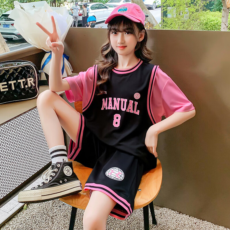 尼女童篮球服套装夏装新款夏季儿童速干宽松女孩运动时尚假两件球衣