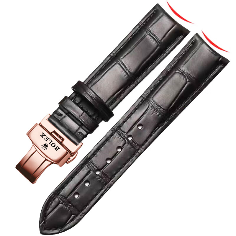 適用勞力士切利尼弧形表帶真皮迪通拿綠黑水鬼表鏈原裝代用手表帶 黑色+玫蝴蝶扣 20mm