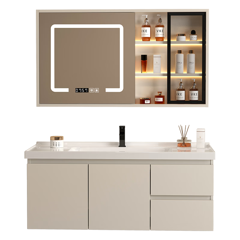 姿莱迪智能浴室柜陶瓷一体盆卫浴洗脸盆柜组合卫生间洗漱台洗手盆奶油